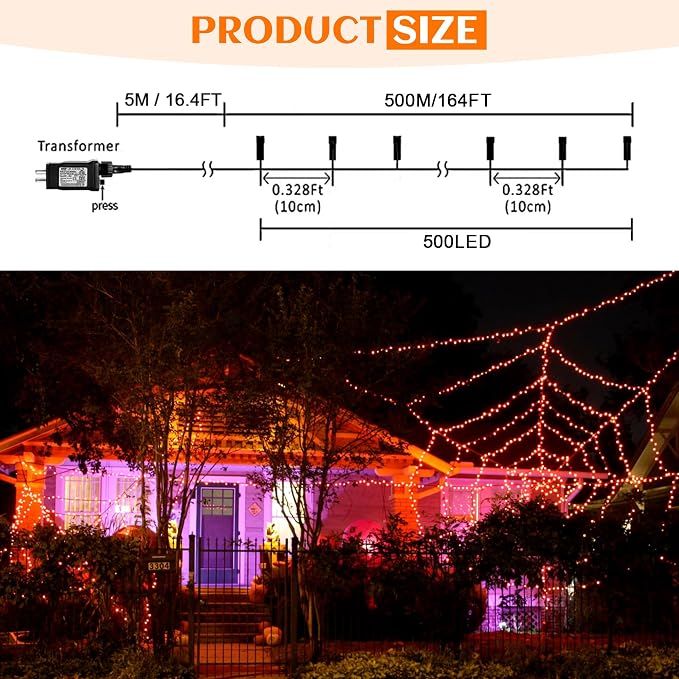 kemooie 500 LED Outdoor Fairy String Lights, 164 FT 8 Lighting Mode Plug in String Waterproof Light, for Outdoor Birthday Christmas Wedding Party Garden Balcony Decor (Orange)