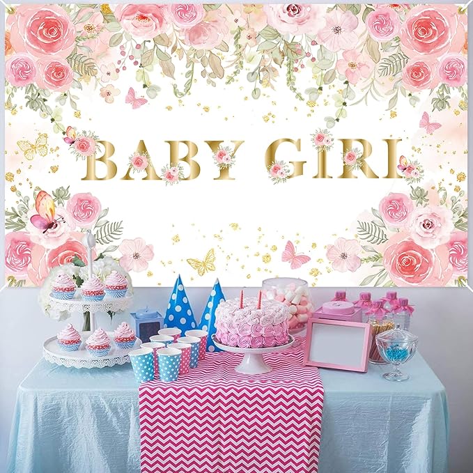 Baby Shower Decorations for Girl,225 PCS YHFNDIYS Pink Floral Girl Baby Shower Decorations Party Supplies (20 Guest) with Paper Plates Cups Napkins Straws Banner Tablecloth Backdrop Balloons Arch Kit