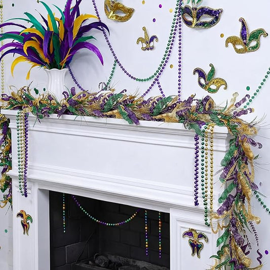 Suncalla 6 ft Mardi Gras Garland Purple Green Gold Glitter Garland Mardi Gras Hanging Decorations for Front Door Carnival Party Wreaths Home Indoor Outdoor Fireplace Decor