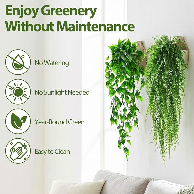 Daifunli 18 Pcs Artificial Hanging Plants Fake Hanging Ferns Plastic Fake Plant for Wall Room Garden Garland Indoor Outdoor Decor No Basket (Eucalyptu,Mandala,Boston,String of Pearl,Podocarpu,Pothos)