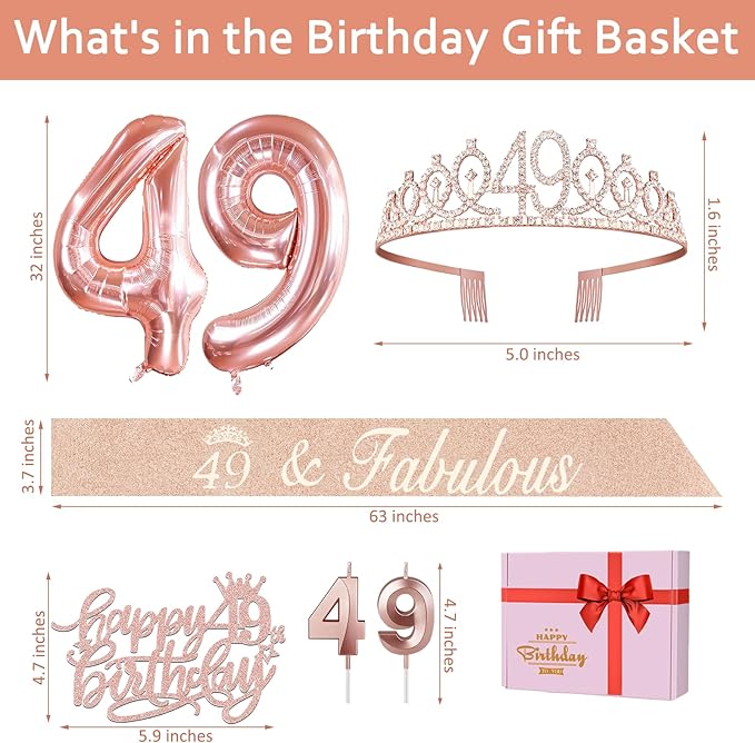 49th Birthday Decorations for Women with 49th Birthday Sash and Tiara, Cake Topper and Candles, Number Balloons, 49 Year Old Gifts for Women