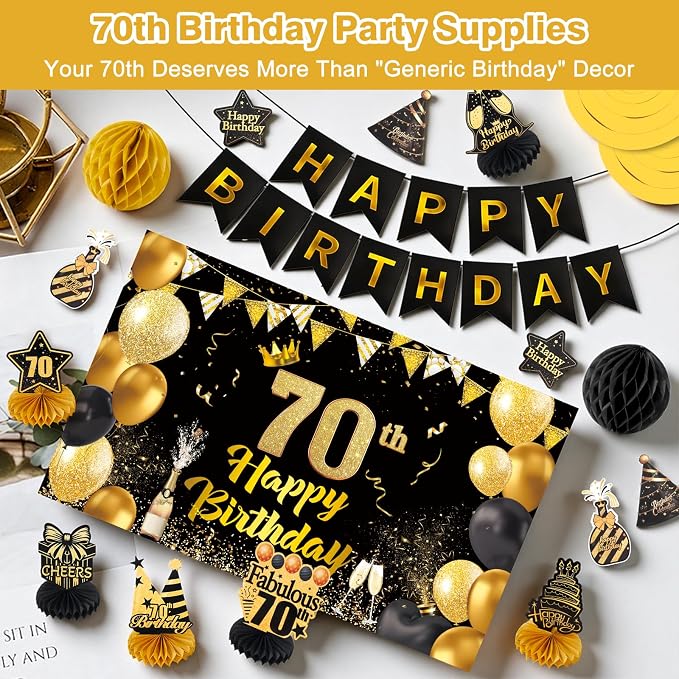 Happy 70th Birthday Party Decoration: Including Birthday Banner Backdrop, Party Table Centerpieces and Hanging Swirl Party Streamers, Birthday Decor for Men and Women (Gold/Black, 70th Birthday)