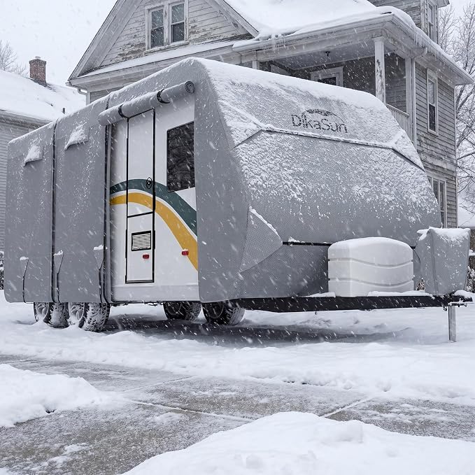 Travel Trailer RV Cover 27' ~ 30', Upgraded 7 Layers Top Waterproof Camper Cover, Heavy Duty Toy Hauler RV Cover for Winter Snow with Tongue Jack Cover, Gutter Covers