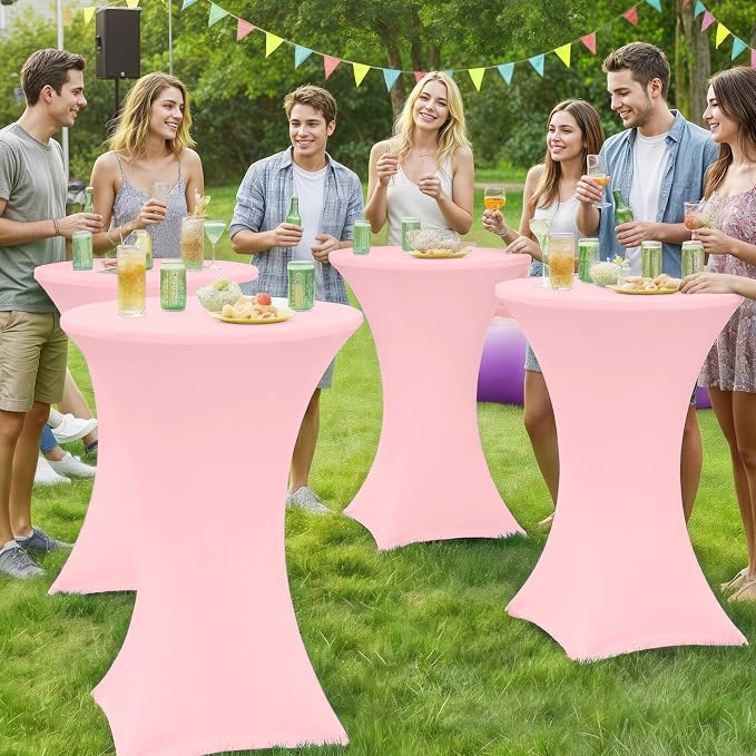 Moosfor Spandex Cocktail Table Covers 4 Pack, Elastic Fitted Stretch Table Cloth, Round High Top Tablecloths for Bar, Party, Pub, Wedding & Banquet (Pink, 32x43 Inch)