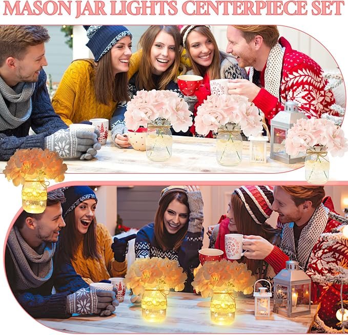 Mason Jar Table Centerpiece Set of 3 with Lights Pink Hydrangea artificial Flowers for Engagement Party Bridal Shower Centerpieces Wedding Christmas Thanksgiving Party Reception Table Decor