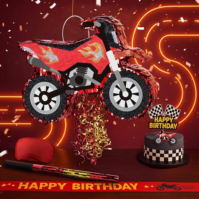WERNNSAI Motorcycle Piñata - Dirt Bike Piñata with Stick and Blindfold, for Men Motorcycle Themed Birthday Party Decorations, Celebration Game Supplies (16.5" x 12.4" x 2.9")