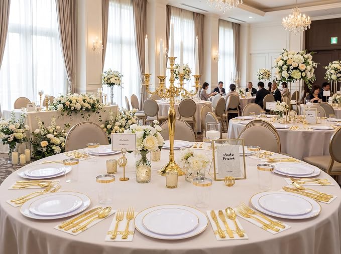 Supernal 350Pcs Elegant White and Gold Plastic Dinnerware Set for Wedding | Heavy duty disposable plates with gold plastic silverware, cups, and napkins. Premium tableware pack serves 50 guests.