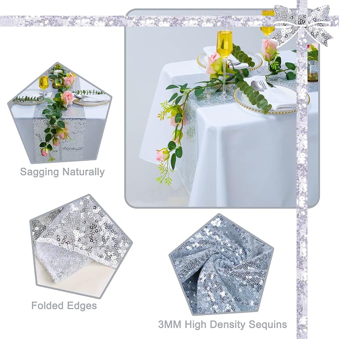 12 Pack Silver Sequin Table Runner 12x72 Inch, High Density Sparkly Glitter Table Runners for Wedding Reception, Birthday Party, Banquet, Baby Shower, Silver Metallic Shimmering Decor