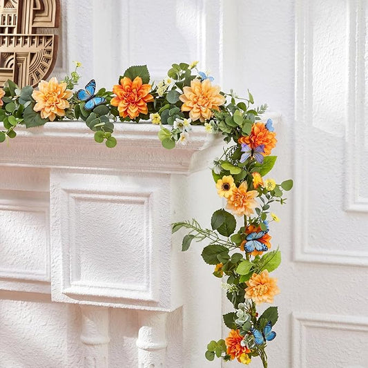 Giegxin 1 Pack 6 ft Artificial Flower Garland Flower with Dahlia and Daisy Yellow Fake Butterflies Wisteria Vines Summer Greenery Eucalyptus Garland for Wedding Mantle Porch Stair Table Indoor Decor