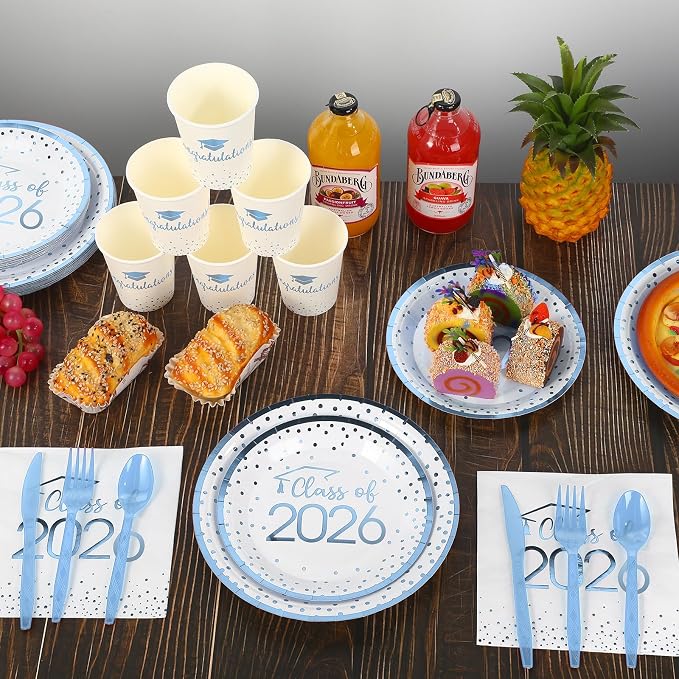 350pcs Class of 2026 Graduation Plates and Napkins Set, Disposable Paper Plate Set Polka Dots Napkins Cups Knife Fork Spoon for Graduation Party Decorations and Supplies,Serve 50(White LightBlue)