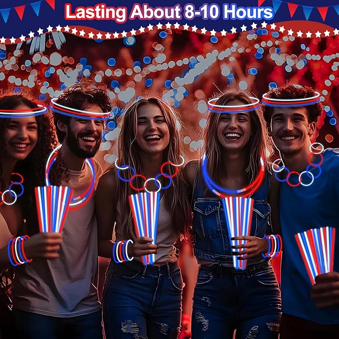 480 Pack 4th of July Glow Sticks Party Favors with Connectors,Patriotic Red White Blue Glow Stick Bracelets Nacklaces Glow in the Dark Accessories 250th Anniversary USA Independence Day Decorations