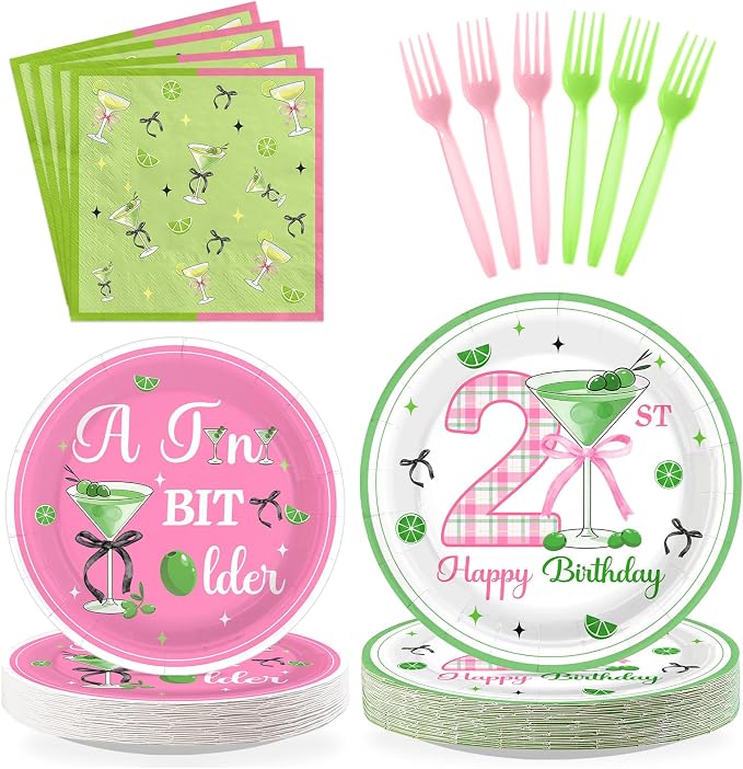 96Pcs Matini 21st Birthday Party Decorations, Serves 24 | A Tini Bit Older Plates and Napkins Pink Green Tableware Set for 21 Years Old Women Girls Birthday Martini Party Supplies
