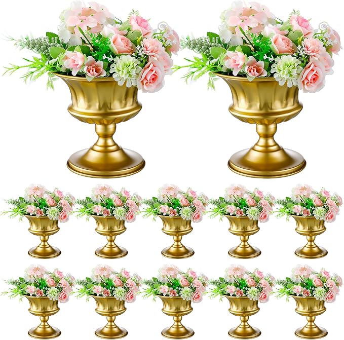Gerrii 12 Pcs Vases for Centerpieces Metal Compote Vases Urn Planter Trumpet Flower Stand Small Pedestal Flowers for Wedding Table Reception Birthday Anniversary Ceremony Home Decor, 5.91 Inch(Gold)