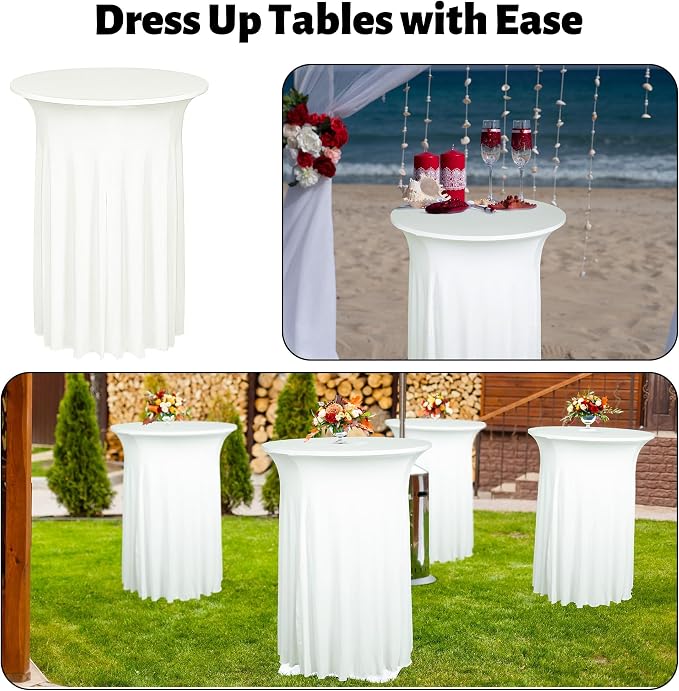 Kochorie 6 Pieces Cocktail Table Skirt Round Cocktail Table Covers 32 x 43 Inch Spandex Stretch High Top Table Cloth for Wedding Table Bar Banquet Party Supplies (Ivory)