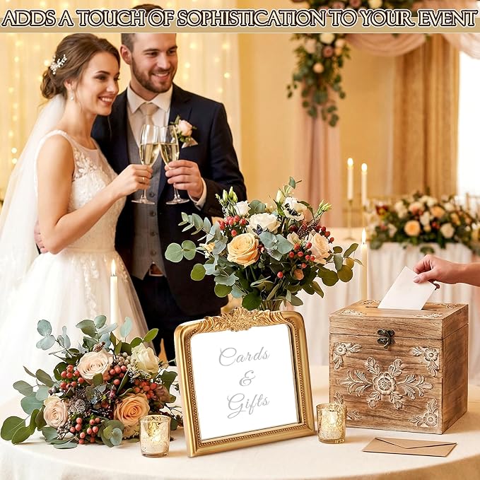 Bucherry Elegant Wedding Cards & Gifts Sign Rustic Resin Photo Frame Mirror with Stand Vintage Reception Decoration for Wedding Bridal Shower Engagement 7.3" x 7.5"
