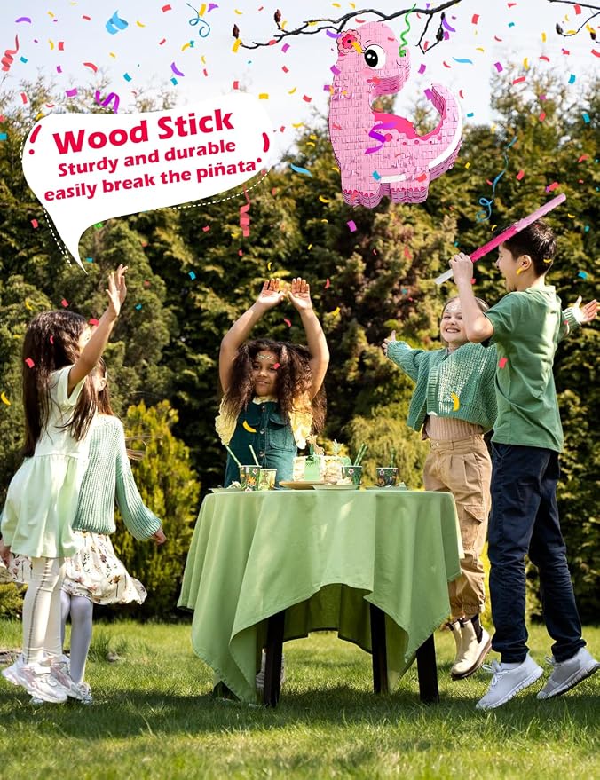 Pink Dinosaur Piñata Girls, Piñata de Dinosaurio para niñas with 12pcs Paper Glasses, Wood Stick, Confetti and Blindfold, Dino Piñata for Birthday Party Decorations（16"x12.6"x3.5"）