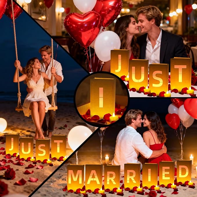 Just Married Light Up Letters, Include Light up Letters, with Tea Lights Candles, Latex Balloons, Aluminum Balloons and Rose Petals, Luminary Paper Bags for Just Married Banner and Decorations