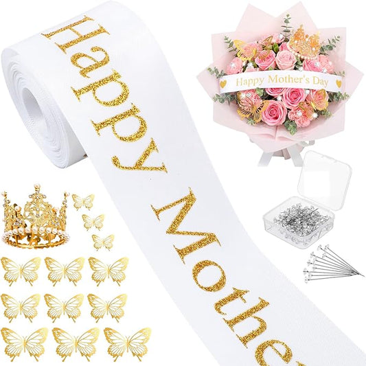 Zeyune 114 Pcs Flower Bouquet Accessories Includes 2 in x 5 Yard Glitter Mother's Day Satin Ribbon, Gold Bouquet Crown, Butterfly Decor and Rhinestone Flower Pin for Birthday Wedding Baby Shower