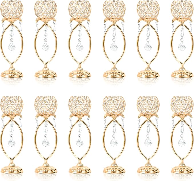 2 Pcs Elegant Metal Crystal Tea Light Candle Holders with Crystal Pendants, Hollow Design - Wedding Table Centerpieces for Anniversary Birthday Party, Home Decor (12, Gold)
