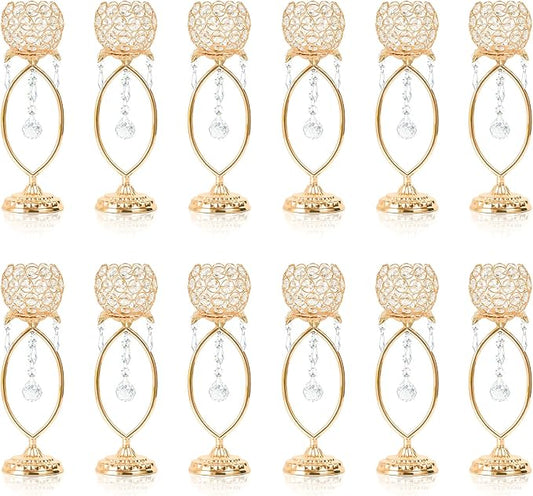 2 Pcs Elegant Metal Crystal Tea Light Candle Holders with Crystal Pendants, Hollow Design - Wedding Table Centerpieces for Anniversary Birthday Party, Home Decor (12, Gold)