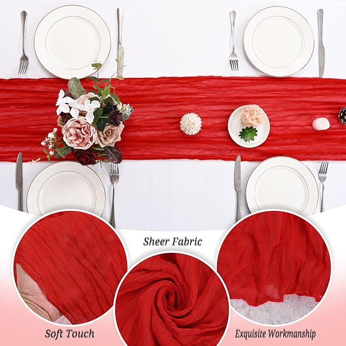 12 Pack Red Cheesecloth Table Runner 120 inch Fall Thanksgiving Boho Rustic Gauze Farmhouse 10FT Cheese Cloth Runner for Baby Shower Wedding Party Holiday Home Decor