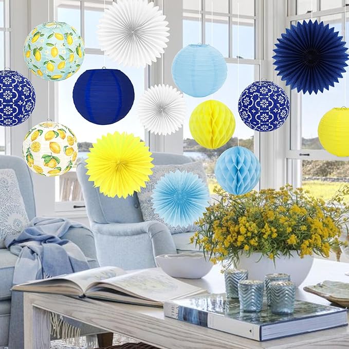 FYSUIMU 18Pcs Capri Lemon Paper Lantern Set Blue Yellow Hanging Lanterns with Honeycomb Balls Paper Fans for Summer Mediterranean Birthday Wedding Baby Shower