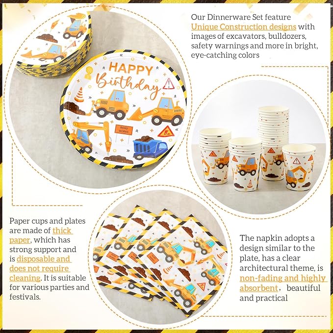 Uiifan 350 Pcs Construction Party Supplies Set Include 100 Plates 50 Paper Cups 50 Napkins 150 Plastic Silverware For 50 Guests Birthday Party Decorations Disposable Dinnerware Set (Dark Yellow)