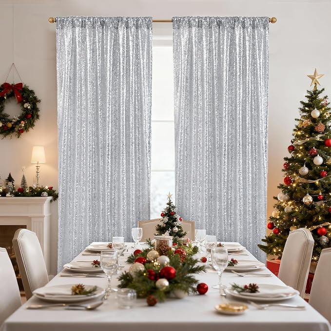 SquarePie 2 PCS 2x8ft Silver Sequin Backdrop Curtains, Satin-Backed Shimmering Photo Booth Background, 2 Panels Narrow Real Sequin Drapes with 4" Rod Pocket for Party, Baby Shower, Doorway Decor
