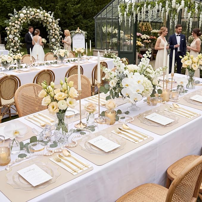 WDF 350Pcs Clear and Gold Plastic Plates - Heavy Duty Clear Plates Disposable - Gold Dinnerware Sets of 100 Plastic Plate 150Silverware 50 Cups 50 Napkins for Wedding Baby Shower Spring