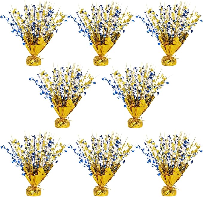 Metallic Star Spray Centerpieces 8 pack for Tables - Bulk 12.4" Foil Fountain Table Decorations for Large Events, Graduation 2026, Wedding Reception (Golden Blue Blend)