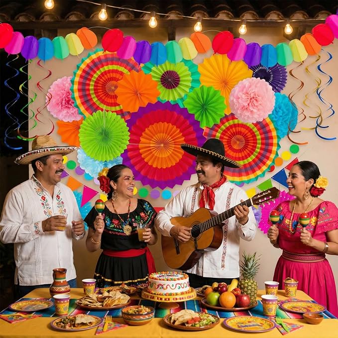 35PCS Fiesta Paper Fan Party Decorations Set | Cinco De Mayo Pom Poms, Pre-assembled Pennant, Garland String & Banner, Hanging Swirls, Hispanic Heritage Month Decor