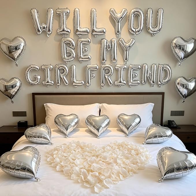 2 Set Silver Will You Be My Girlfriend Balloons - 42pcs 16" Letter Balloon 1200pcs Cream White Artificial Rose Petals 10pcs 18" Heart Balloons Alphabet Foil Balloon for Valentines Day Decorations