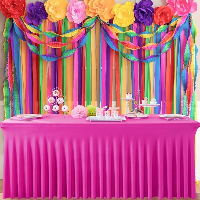 6 Pack Hot Pink Spandex Tablecloth for 6 Foot Rectangle Tables, Wrinkle Free Fitted Table Cloth Cover 6ft Fuchsia Stretchy Tablecloths with Skirt for Parties Weddings Birthday Banquet Baby Shower