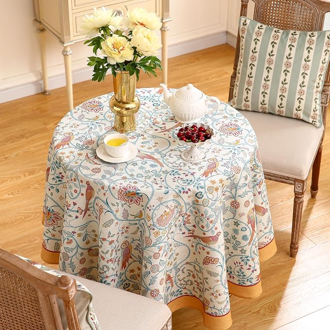 patdrea Vintage French Linen Tablecloth,Round,Diameter 67"-Magnolia | Colorful Elegant Table Cloth for Round Table,Yellow Floral Bird Print,Dining Room Tea Party Decoration,Durable