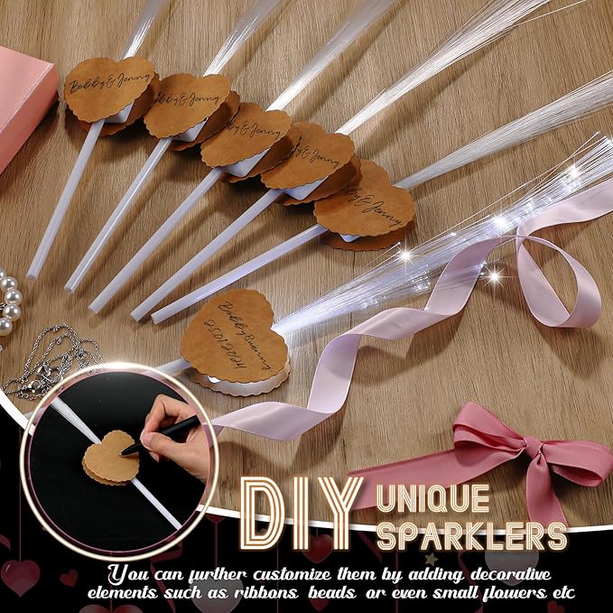Tujoe 24 Pcs LED Wedding Sparklers Glow Sticks Heart Shape Long Fiber Optic Wands with 3 Light Modes for Send Off Reception Valentine Proposal Carnival Birthday Party Supplies Dance Floor Prop (Brown)