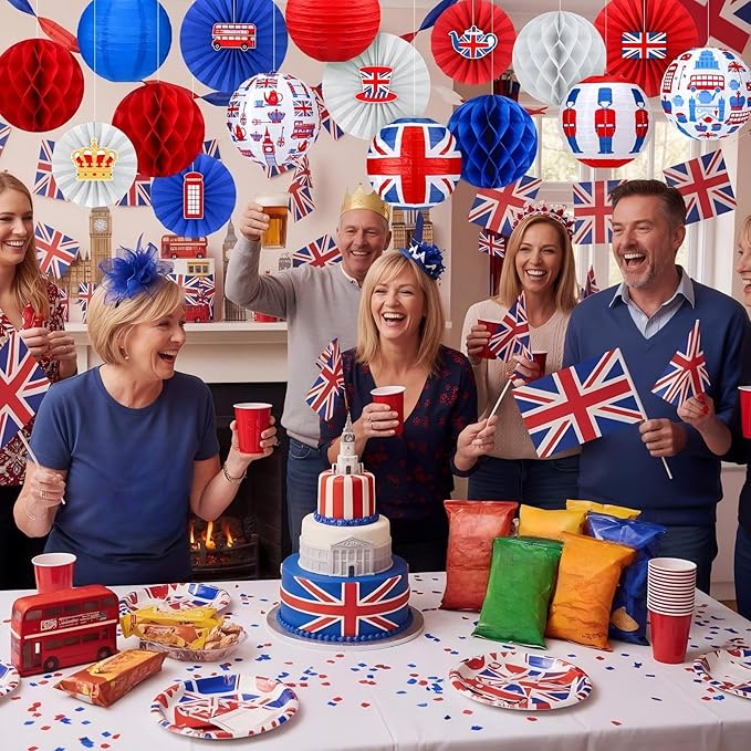 Retisee 18 Pcs British Party Decorations Britain UK England Flag Hanging Paper Lanterns Red White Blue Honeycomb Fans Honeycomb Ball for Hanging Coronation Union Jack Party Decoration