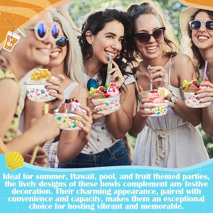 SiliFine 100 Pcs 12 oz Hawaiian Clear Plastic Bowls Disposable Luau Party Bowls Bulk Flamingo Dessert Cups with Palm Leaf for Wedding, Birthday, Home or Tropical Party Supplies