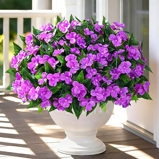 Livole 3 Bundles Artificial Flowers for Outdoors, Realistic Fake Outdoor Flowers Impatiens UV Resistant Artificial Outdoor Flower for Outside Faux Flower Plants for Porch Garden Home Decor, Purple