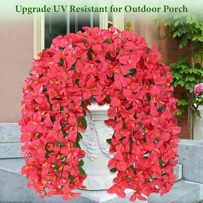 Livole 4Pcs Bougainvillea Artificial Flowers for Outdoors, Realistic UV Resistant Red Faux Outdoor Plants Flowers, Silk Hanging Fake Flowers for Outside Home Porch Patio Balcony Garden Decor