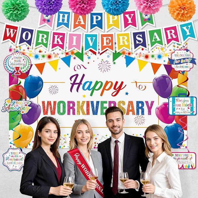 Happy Work Anniversary Decorations Colorful Happy Workiversary Banner Honeycomb Centerpieces Hanging Swirls Tissue Paper Pompoms Sash for Men Women Office Employee Worker Pastor Appreciation Supplies