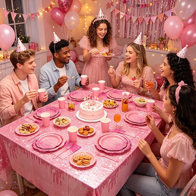 Pink Iridescent Plates and Napkins Party Supplies Set, Scalloped Disposable Plates Cups Napkins Forks Tablecloth, for Princess Birthday Baby Shower Bridal Shower Wedding Decorations, Serves 24 Guests