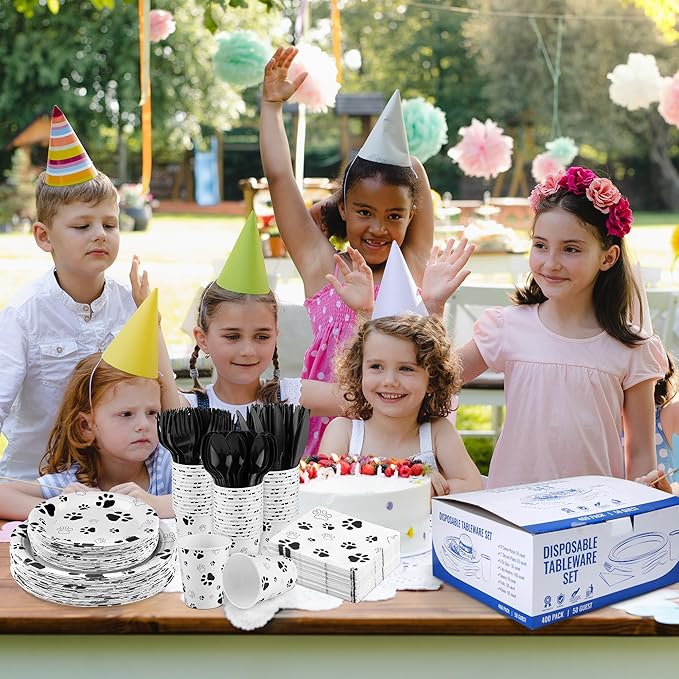 Kochorie 400 Pieces Black Paw Disposable Party Tableware Sets Dog Puppy Supplies Including Plates Cups Napkins Cutlery Serves 50 for Birthday Puppy Theme Party Decorations