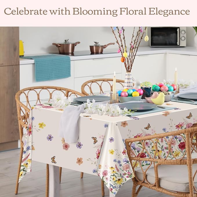 Kochorie 100 Ft x 54 Inch Spring Floral Tablecloth Roll Plastic Flower Tablecloth Roll Wildflower Butterfly Disposable Table Cover for Spring Tea Party Supplies Birthday Wedding Party Decorations