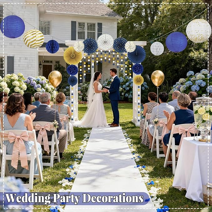 Blue and Gold Party Decorations - 22Pcs Hanging Navy Royal Blue White and Gold Paper Lanterns, Pom Poms, Fans & Honeycomb Balls for Graduation, Birthday, Retirement & Royal Theme Party Supplies