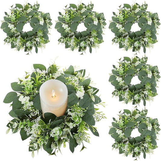 6 Pcs Artificial Eucalyptus Candle Rings Wreaths, 9 Inch Small Eucalyptus Wreath with Baby Breath, Greenery Candle Wreath Rings for Pillar Candle Table Centerpieces Wedding Home Decor
