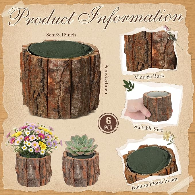 6 Set Wooden Vase for Centerpieces Wedding Flower Table Centerpieces Decor Rustic Bark Stump Bucket Farmhouse Wood Planter Pot for Woodland Party Window Home (Flower Foam,Small)