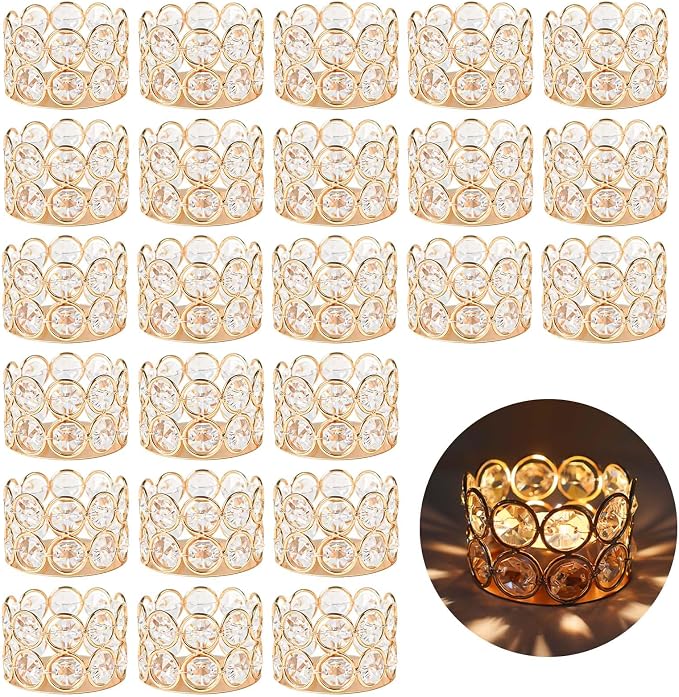24 Pack Gold Metal Crystal Tea Light Candle Holders - 2.4"x1.6" Bulk Small Votive Candle Holders for Wedding, Home, Party Table Centerpiece Decorations