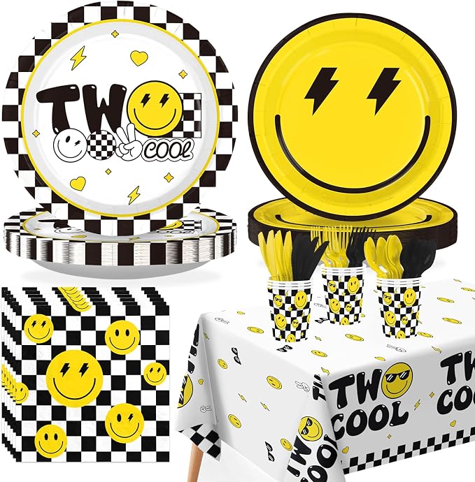 170Pcs Two Cool Birthday Party Supplies Yellow Smile Face Party Plates Napkins Cups Forks Knives Tablecloths Checkered Smile Face 2nd Tableware Set for 2nd Birthday Baby Shower Decorations Serves 24