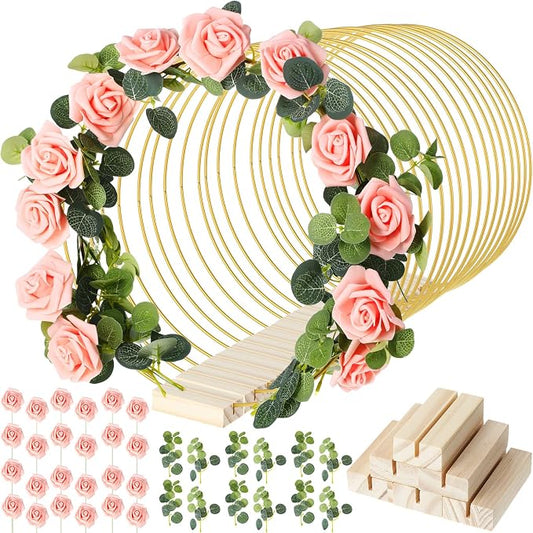 15 Pcs Metal Floral Centerpiece Table Decorations Hoop Centerpiece with Stand Gold Centerpieces for Table 15 Wooden Holders 30 Artificial Flowers 30 Leaves for Wedding DIY Craft Decor(10 Inch,Pink)