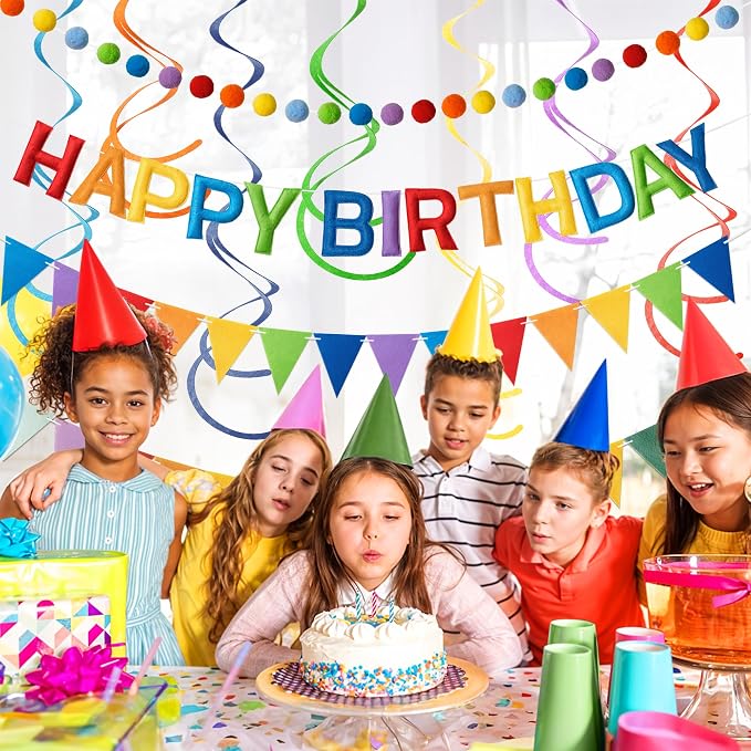 Kriyokiaa Pre-Strung Felt Happy Birthday Banner Colorful Rainbow Happy Birthday Party Decorations with Pom Pom Garland, Flag and Hanging Swrils for Women Men Boys Girls Party Decor